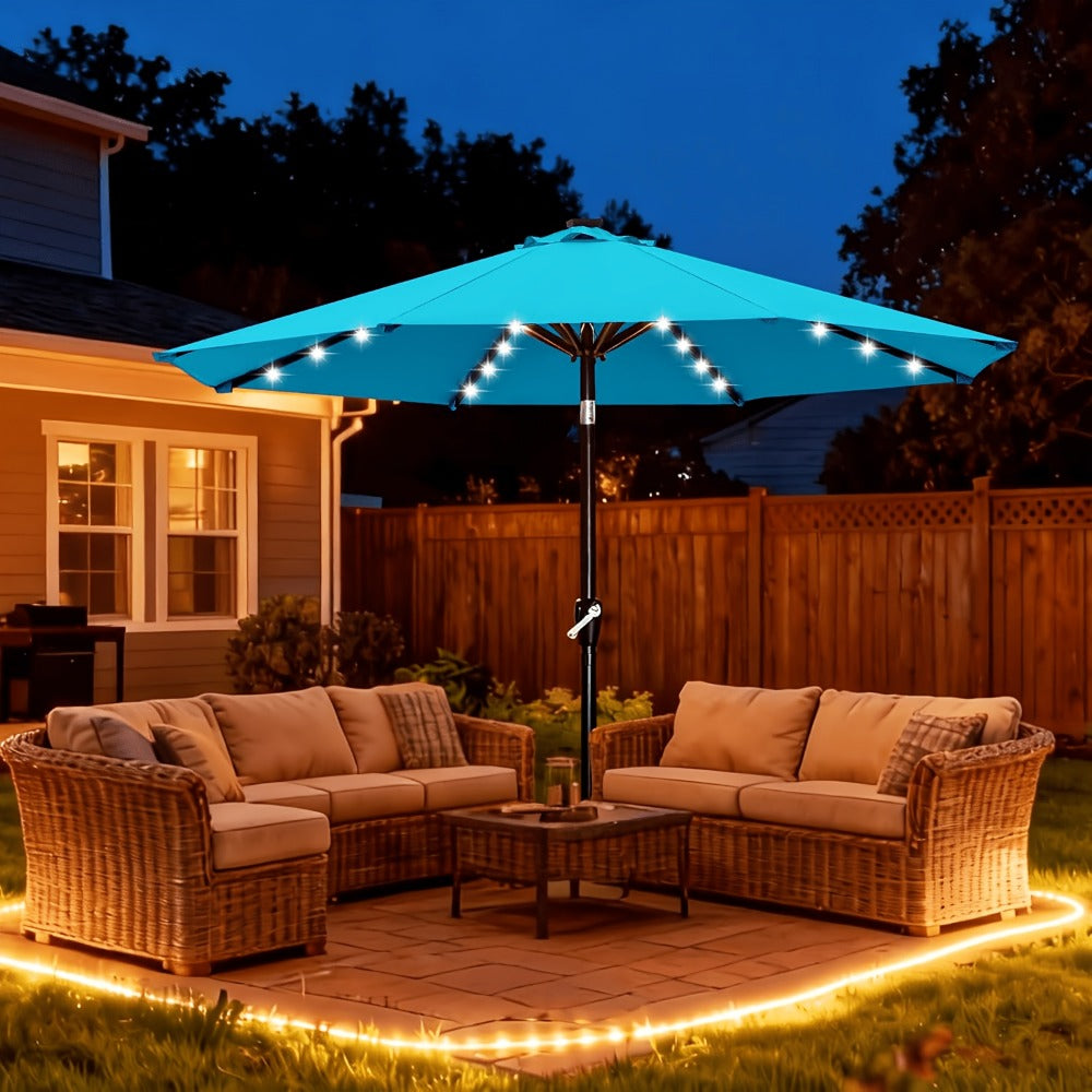 Patio Umbrella 9FT Green Solar LED Style with 32 Lights, 1800mAh Panel, Eight Steel Ribs, Tilt and Crank