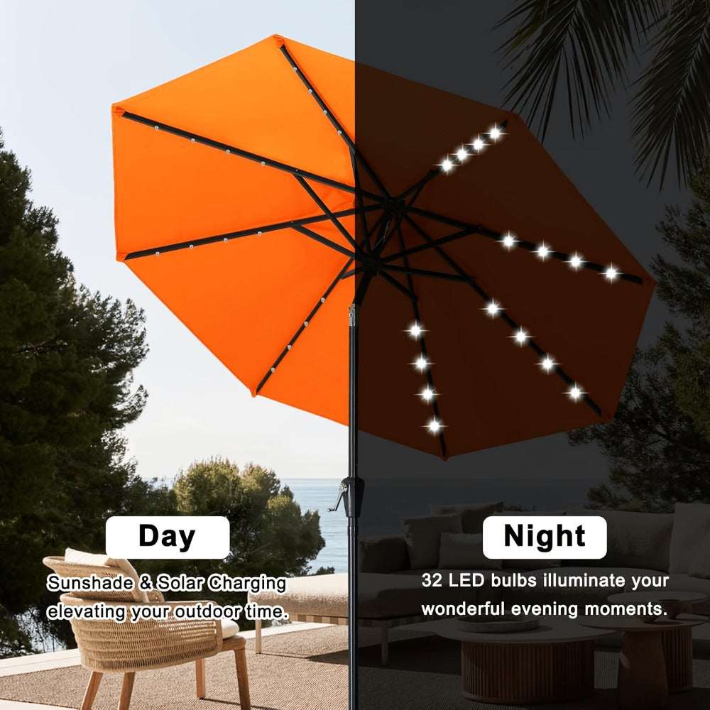 Patio Umbrella 9FT Green Solar LED Style with 32 Lights, 1800mAh Panel, Eight Steel Ribs, Tilt and Crank