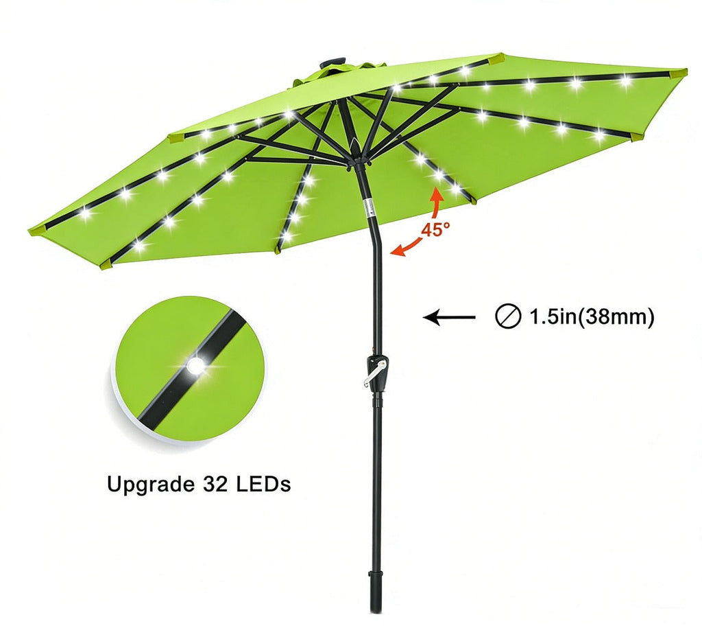 Patio Umbrella 9FT Green Solar LED Style with 32 Lights, 1800mAh Panel, Eight Steel Ribs, Tilt and Crank