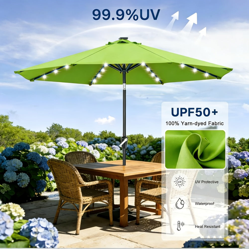 Patio Umbrella 9FT Green Solar LED Style with 32 Lights, 1800mAh Panel, Eight Steel Ribs, Tilt and Crank