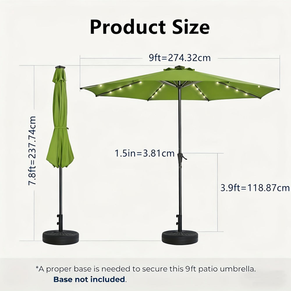 Patio Umbrella 9FT Green Solar LED Style with 32 Lights, 1800mAh Panel, Eight Steel Ribs, Tilt and Crank