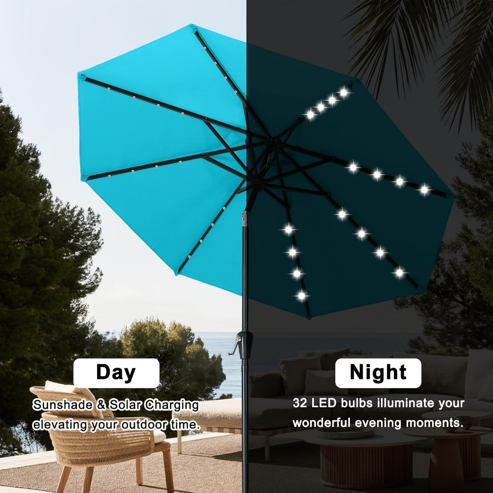 Patio Umbrella 9FT Green Solar LED Style with 32 Lights, 1800mAh Panel, Eight Steel Ribs, Tilt and Crank