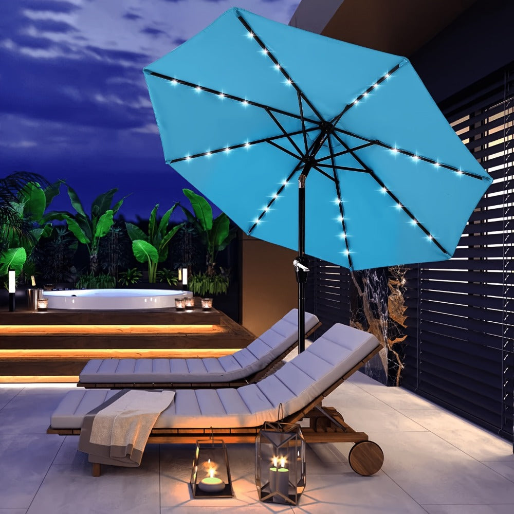 Patio Umbrella 9FT Green Solar LED Style with 32 Lights, 1800mAh Panel, Eight Steel Ribs, Tilt and Crank