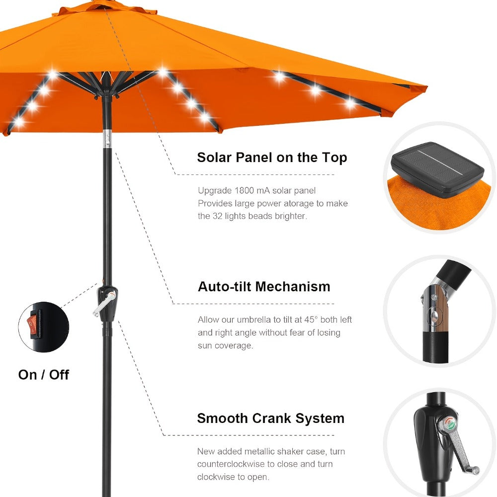 Patio Umbrella 9FT Green Solar LED Style with 32 Lights, 1800mAh Panel, Eight Steel Ribs, Tilt and Crank