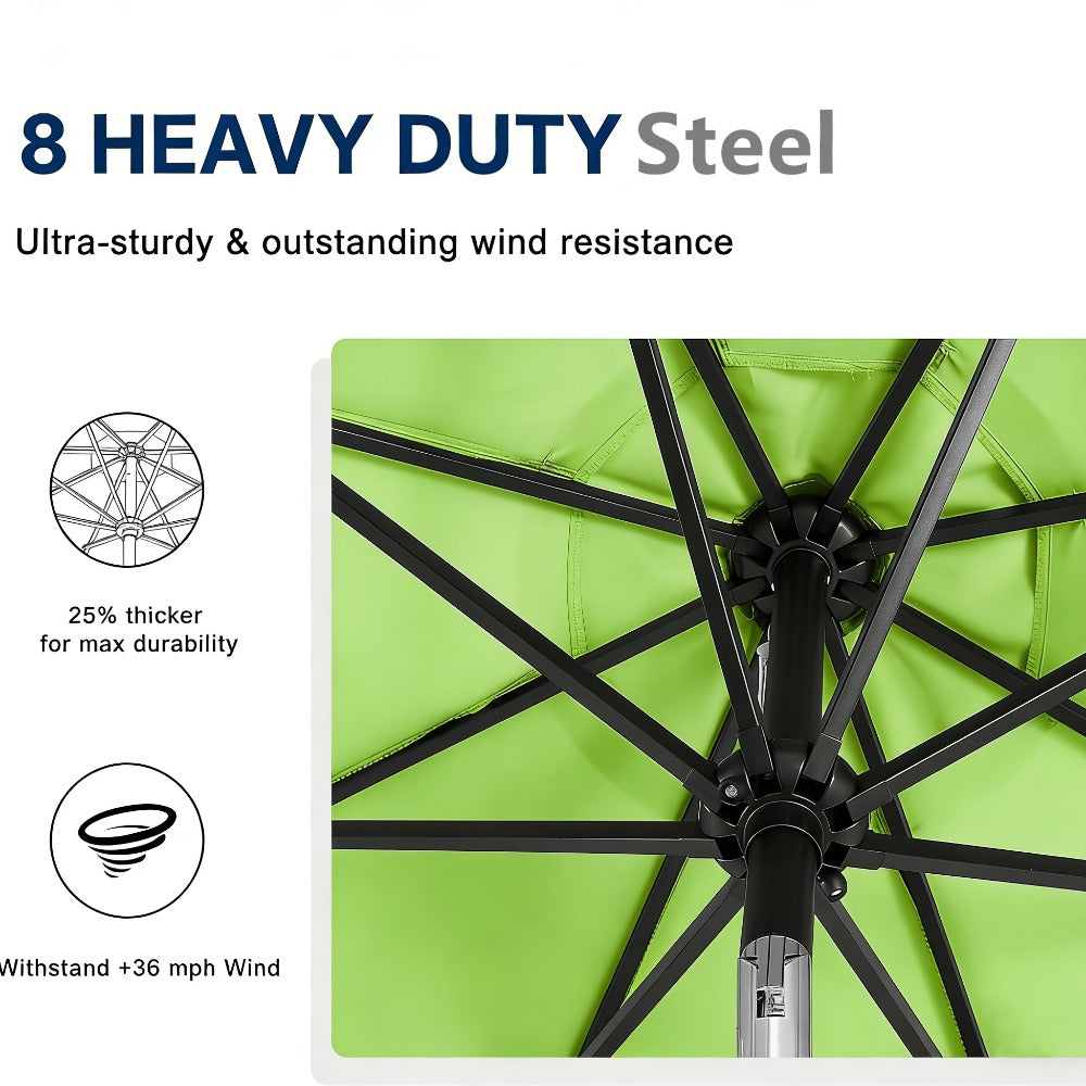 Patio Umbrella 9FT Green Solar LED Style with 32 Lights, 1800mAh Panel, Eight Steel Ribs, Tilt and Crank