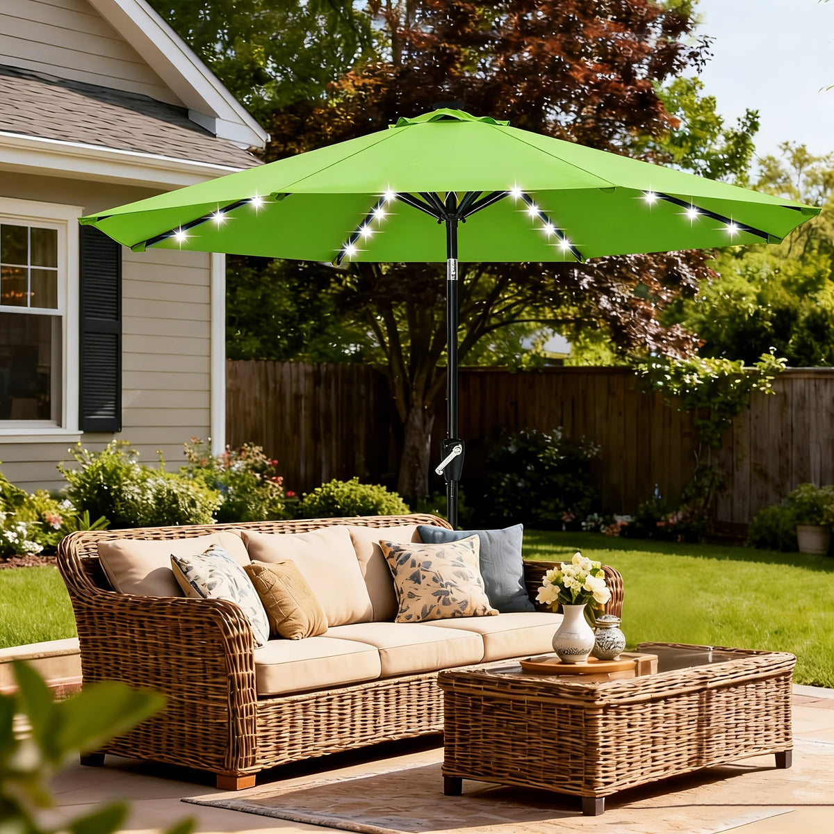 Patio Umbrella 9FT Green Solar LED Style with 32 Lights, 1800mAh Panel, Eight Steel Ribs, Tilt and Crank
