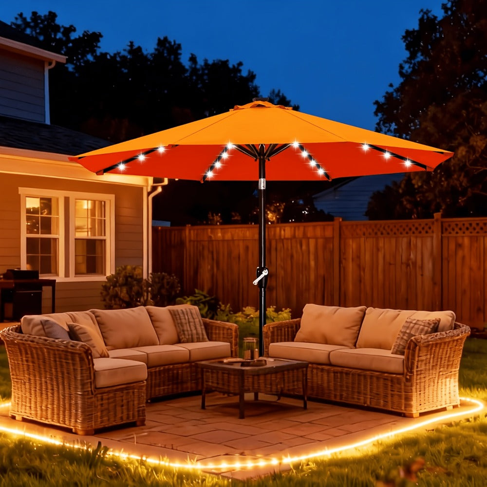 Patio Umbrella 9FT Green Solar LED Style with 32 Lights, 1800mAh Panel, Eight Steel Ribs, Tilt and Crank