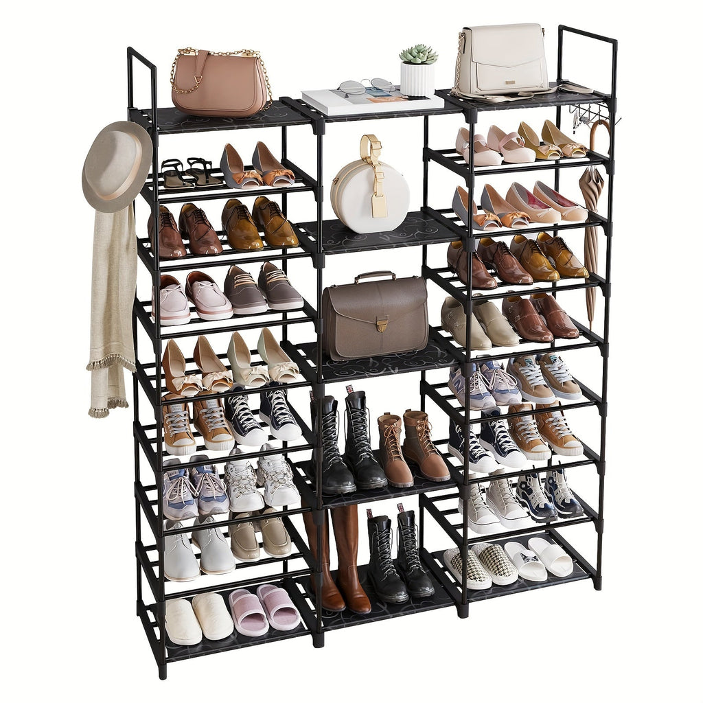 Shoe Rack 9-Tier Steel Organizer for 50 to 55 Pairs with Side Hooks and Stackable Black Frame