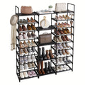 Shoe Rack 9-Tier Steel Organizer for 50 to 55 Pairs with Side Hooks and Stackable Black Frame