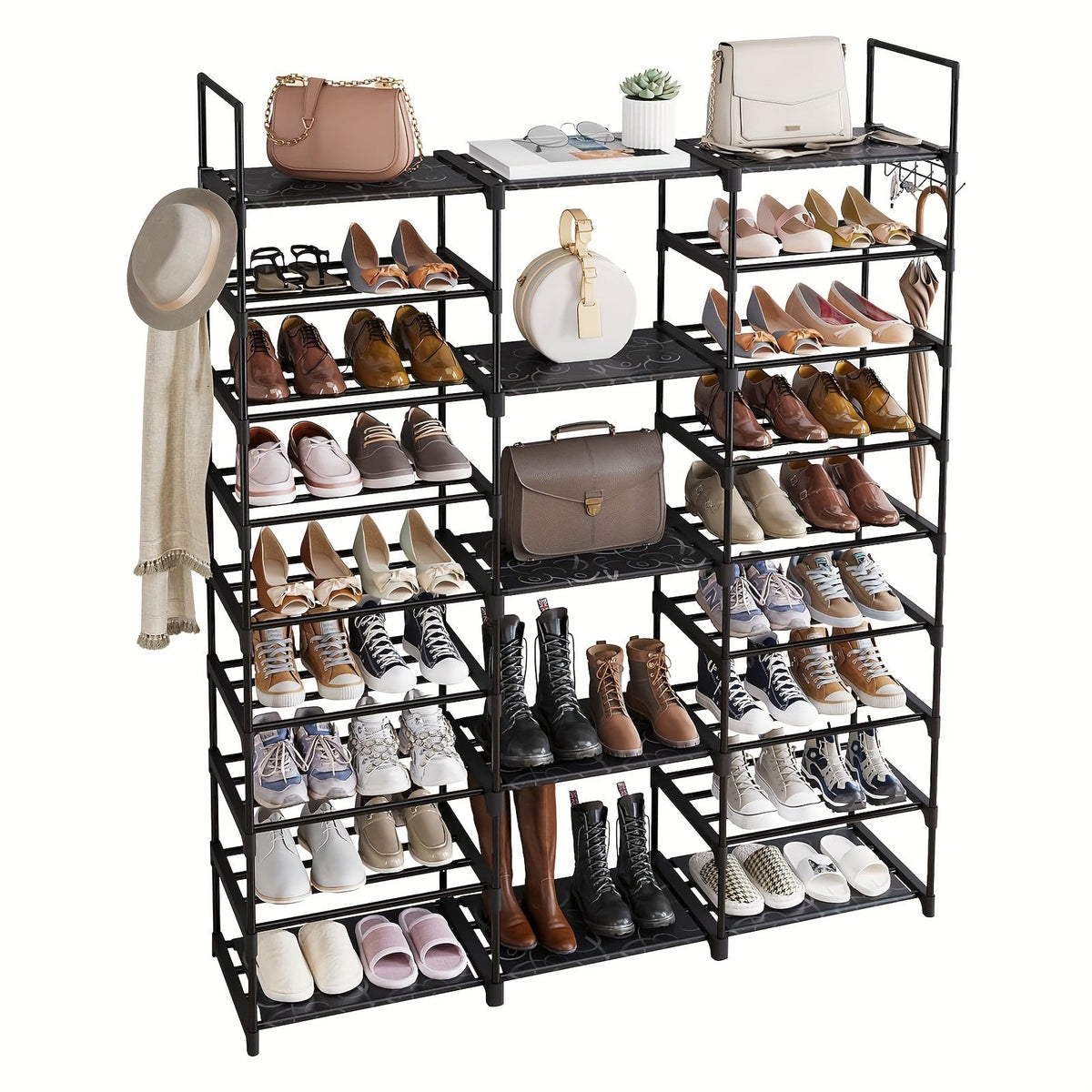 Shoe Rack 9-Tier Steel Organizer for 50 to 55 Pairs with Side Hooks and Stackable Black Frame