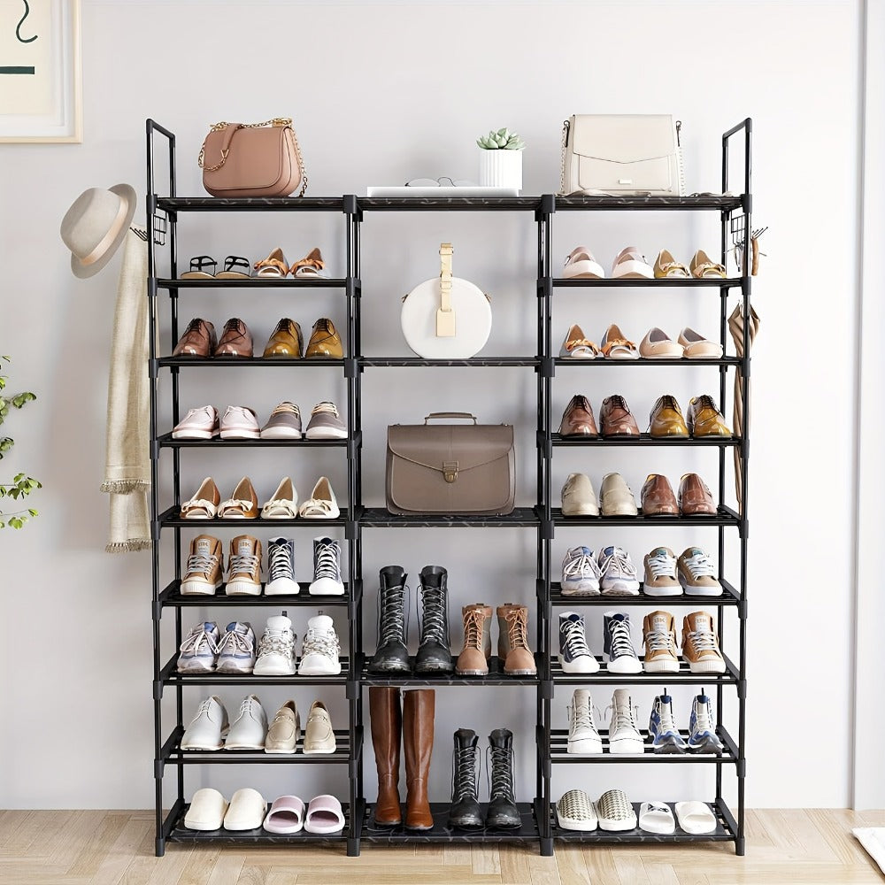 Shoe Rack 9-Tier Steel Organizer for 50 to 55 Pairs with Side Hooks and Stackable Black Frame