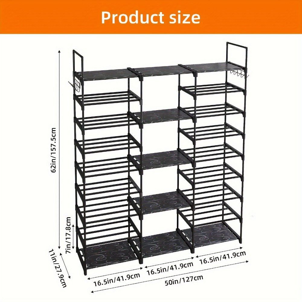Shoe Rack 9-Tier Steel Organizer for 50 to 55 Pairs with Side Hooks and Stackable Black Frame