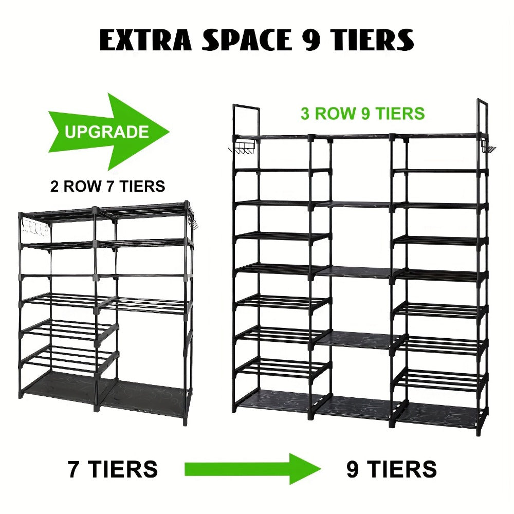 Shoe Rack 9-Tier Steel Organizer for 50 to 55 Pairs with Side Hooks and Stackable Black Frame