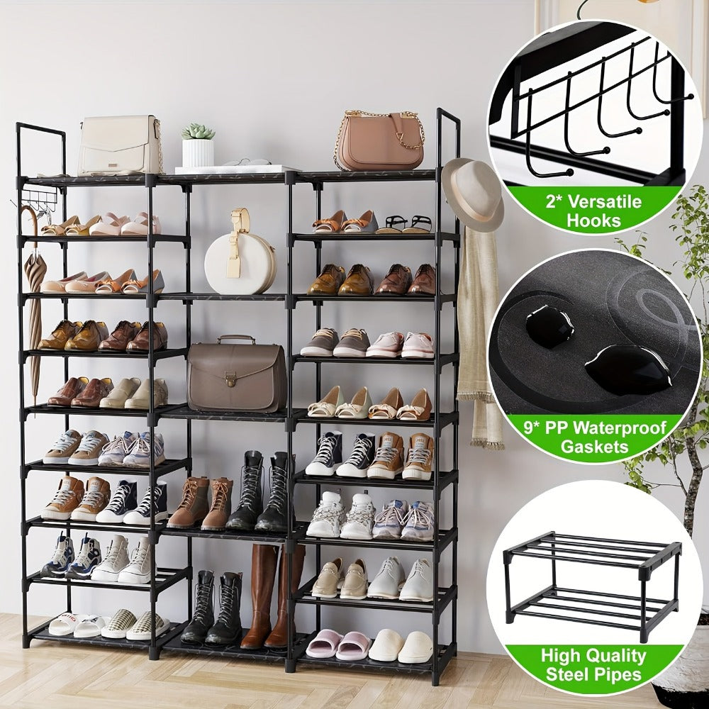 Shoe Rack 9-Tier Steel Organizer for 50 to 55 Pairs with Side Hooks and Stackable Black Frame