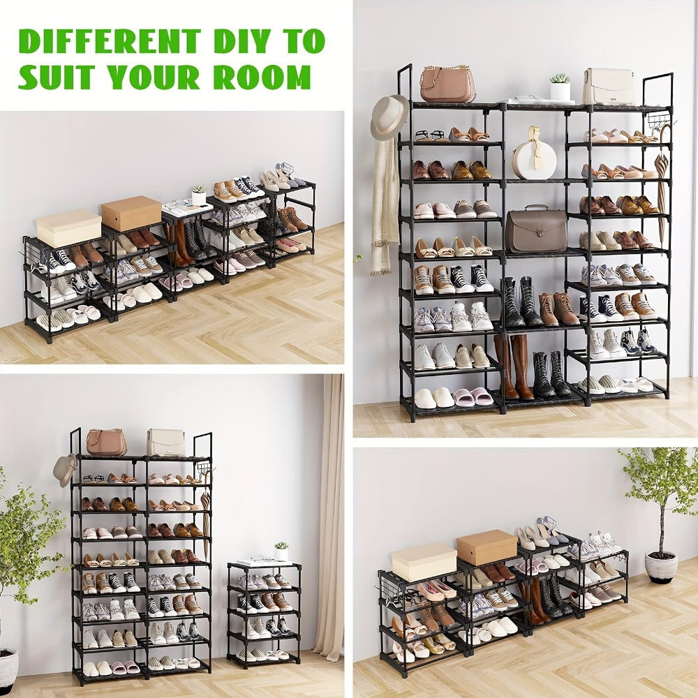 Shoe Rack 9-Tier Steel Organizer for 50 to 55 Pairs with Side Hooks and Stackable Black Frame