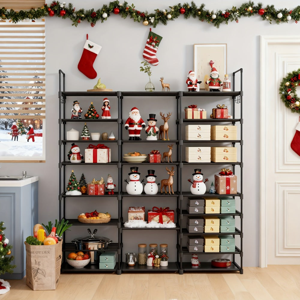 Shoe Rack 9-Tier Steel Organizer for 50 to 55 Pairs with Side Hooks and Stackable Black Frame