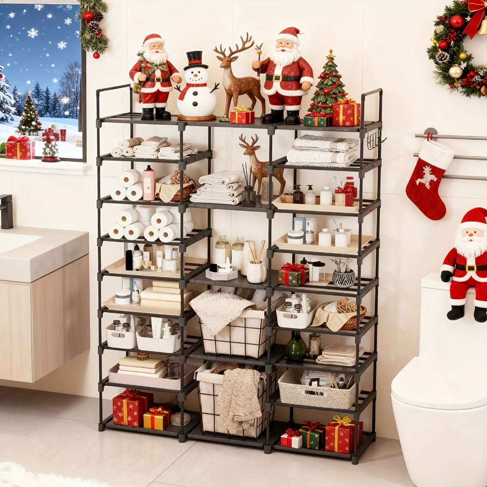 Shoe Rack 9-Tier Steel Organizer for 50 to 55 Pairs with Side Hooks and Stackable Black Frame