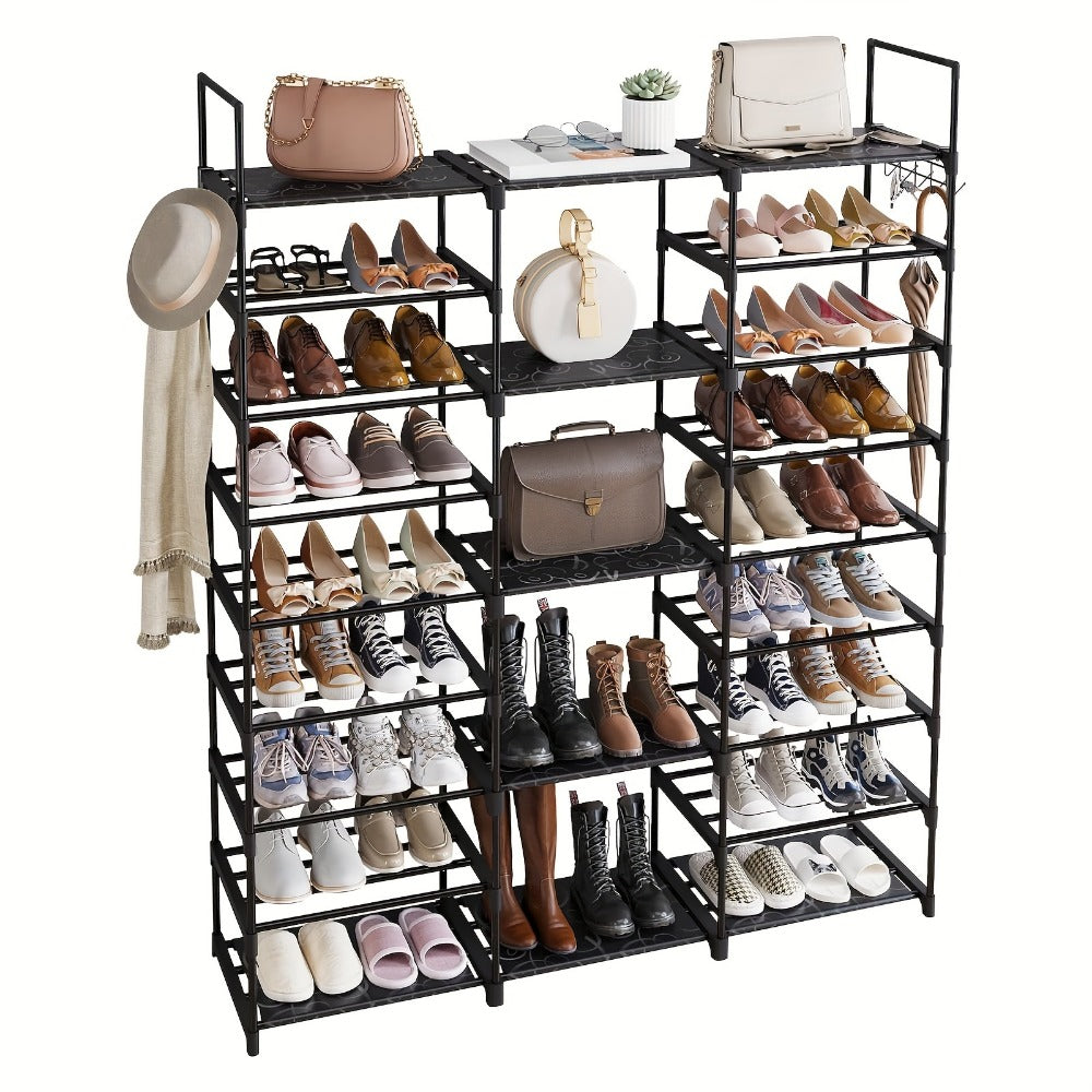 Shoe Rack 9-Tier Steel Organizer for 50 to 55 Pairs with Side Hooks and Stackable Black Frame