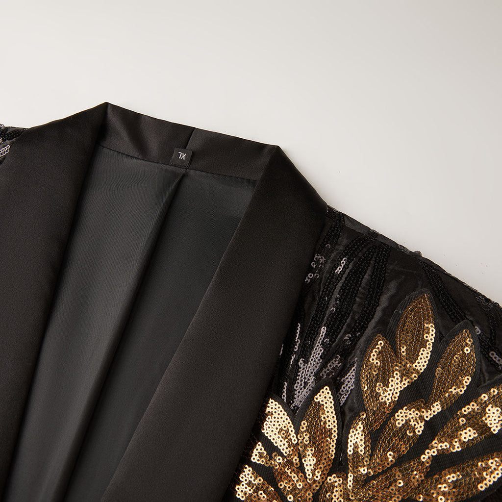 2-teiliger Slim-Fit-Smoking für Herren mit goldener Blätterstickerei und Pailletten