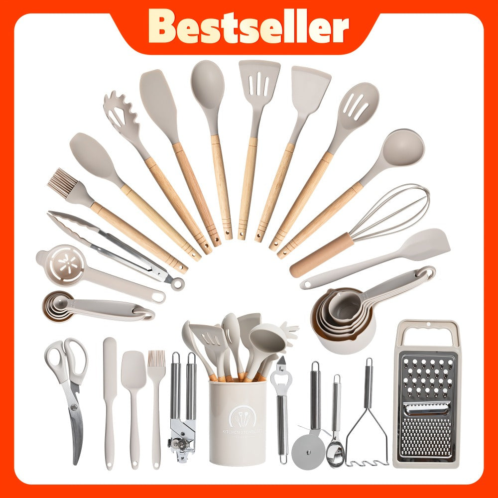 Silicone Kitchen Utensil Set 12PCS with Wooden Handle - Heat Resistant Non-Stick Safe for Home Cooking, Dining and Outdoor Meals