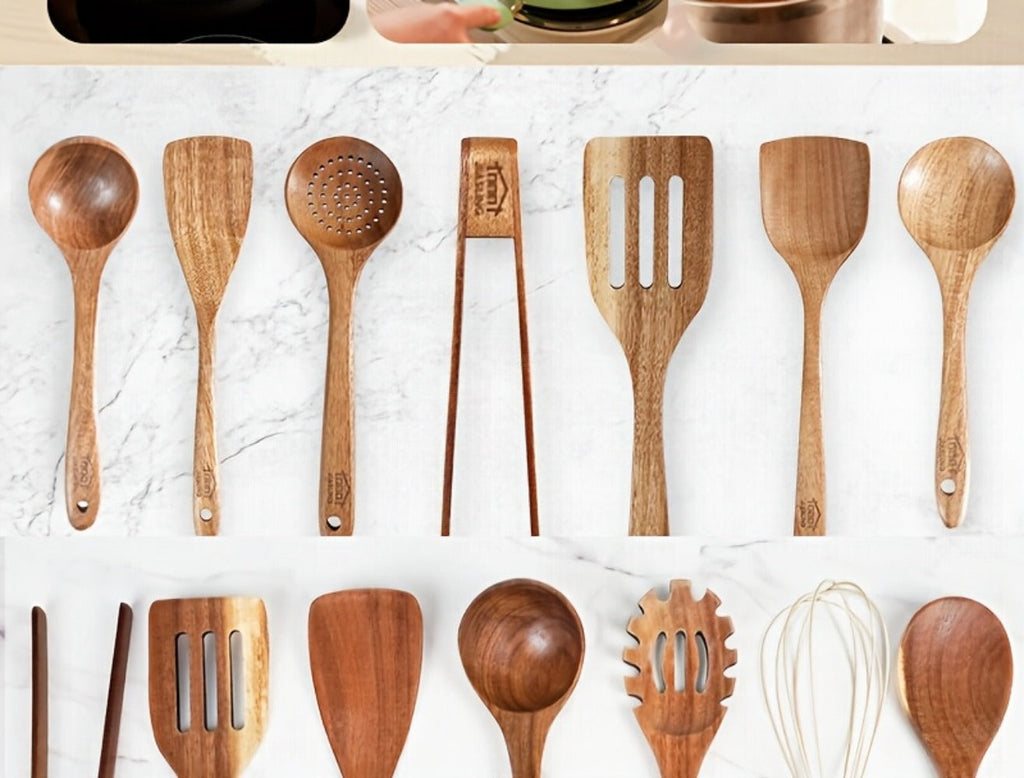 Kitchen Utensils by JIASING, 3-, 5- or 7-Piece Wood Spoon, Spatula, Ladle and Egg-Beater Set Options