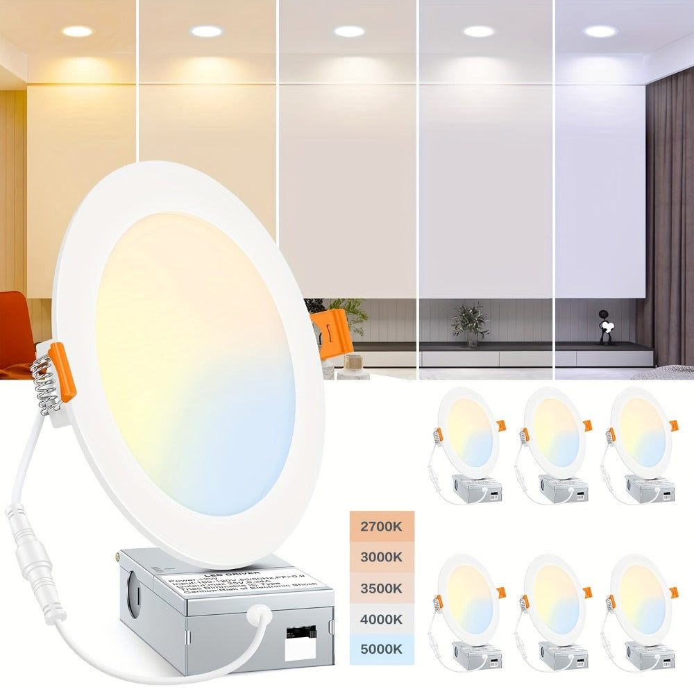 6 Inch LED Recessed Light 5CCT Selectable Dimmable - 12W 1050LM, 2700K-5000K, ETL Listed Slim Canless Downlight for Kitchen
