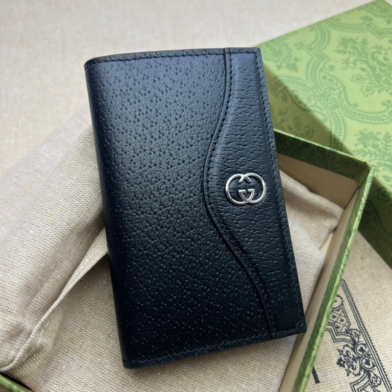 Gucci Interlocking GG Card Holder Wallet – Black Pebbled Leather Silver Hardware