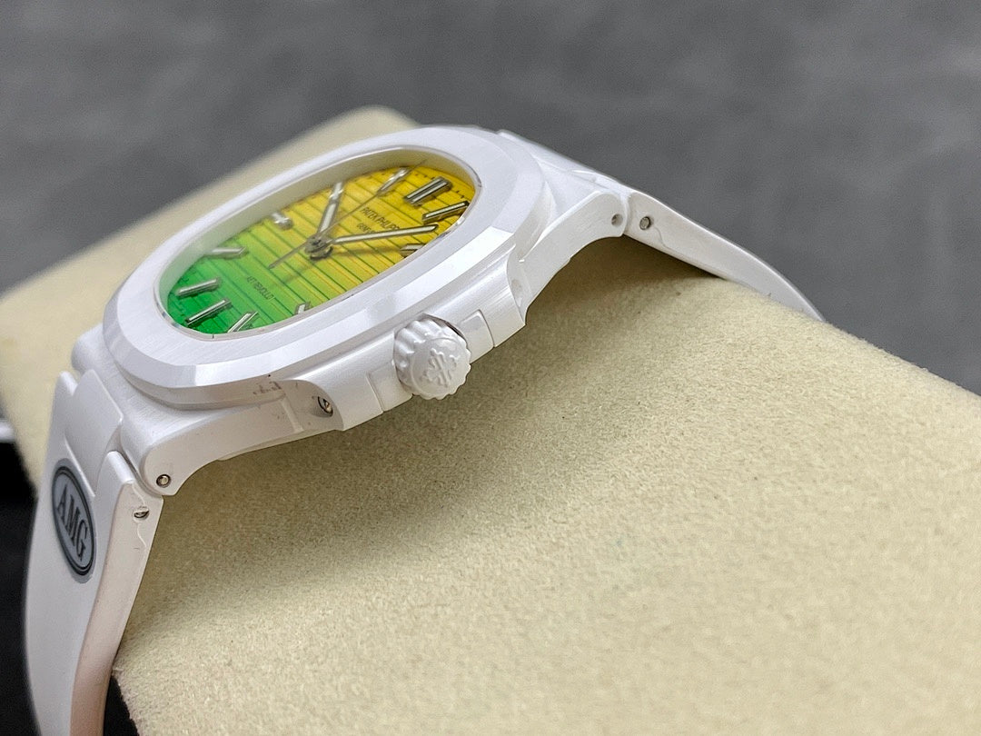 Patek Philippe Nautilus 5711 × AET Remould – White Ceramic Case & Bracelet Yellow Green Gradient Dial Date