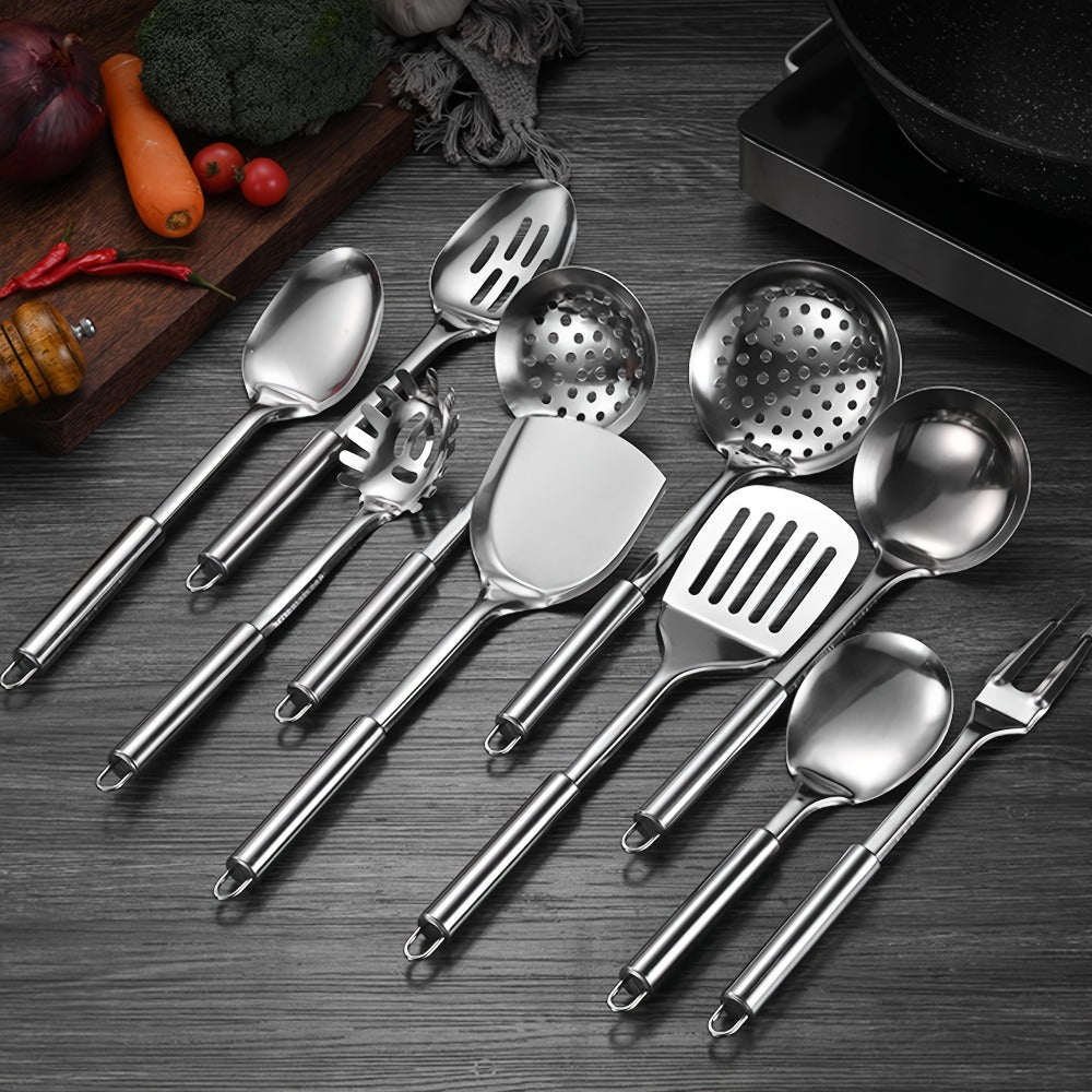 Kitchen Utensils with Hanging Loops, Nine-Piece 304 Stainless Steel Set of Mixed Cooking Tools