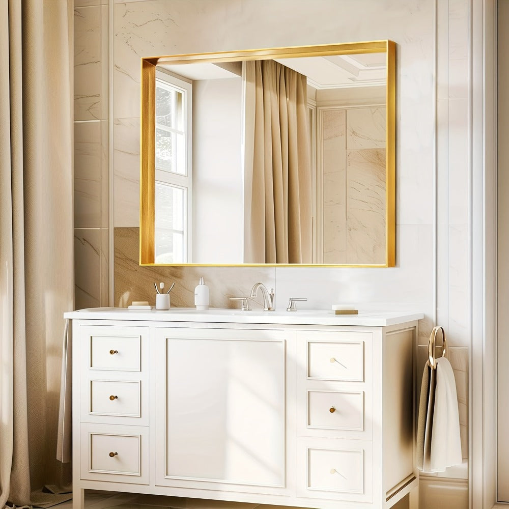 Bathroom Mirror with Rectangular Metal Frame, Horizontal or Vertical Wall Mounting in Three Finishes