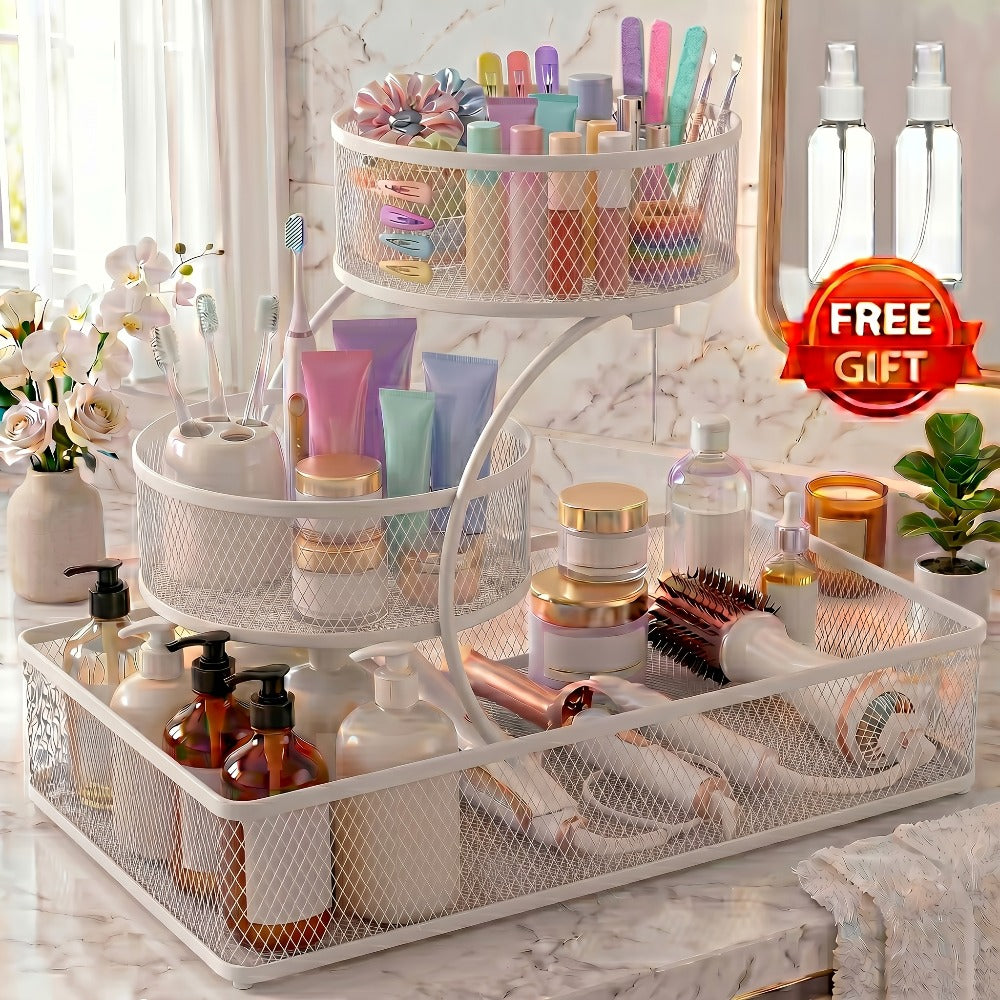 Bathroom Rack in a Metal Design with a Spray Bottle and the Hooks