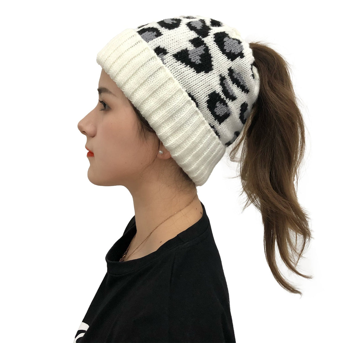 Chambers Damen-Beanie aus Jacquard-Wollstrick mit Leopardenmuster – mit Umschlag, 5 Farben