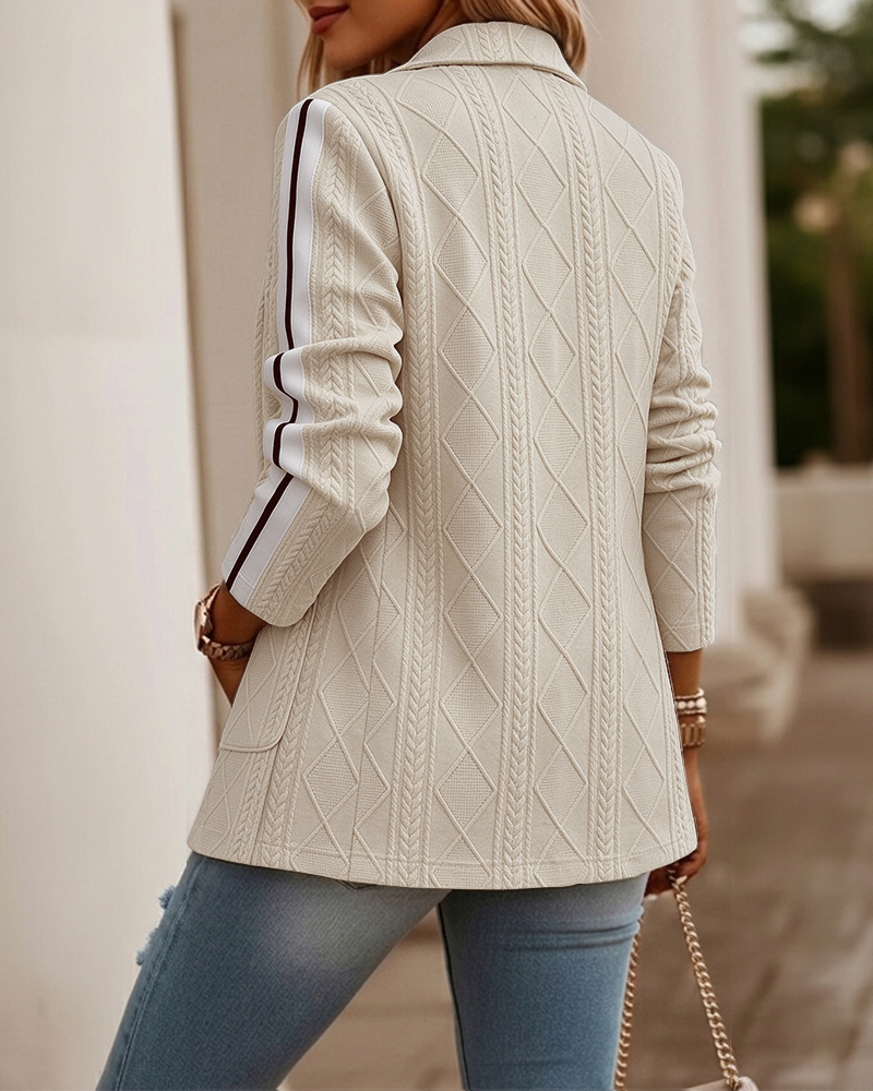 Lässiger Damen-Strickblazer mit Argyle-Zopfmuster-Jacquard, kontrastierendem Seitenstreifen, lockerer Passform und einreihiger Knopfleiste