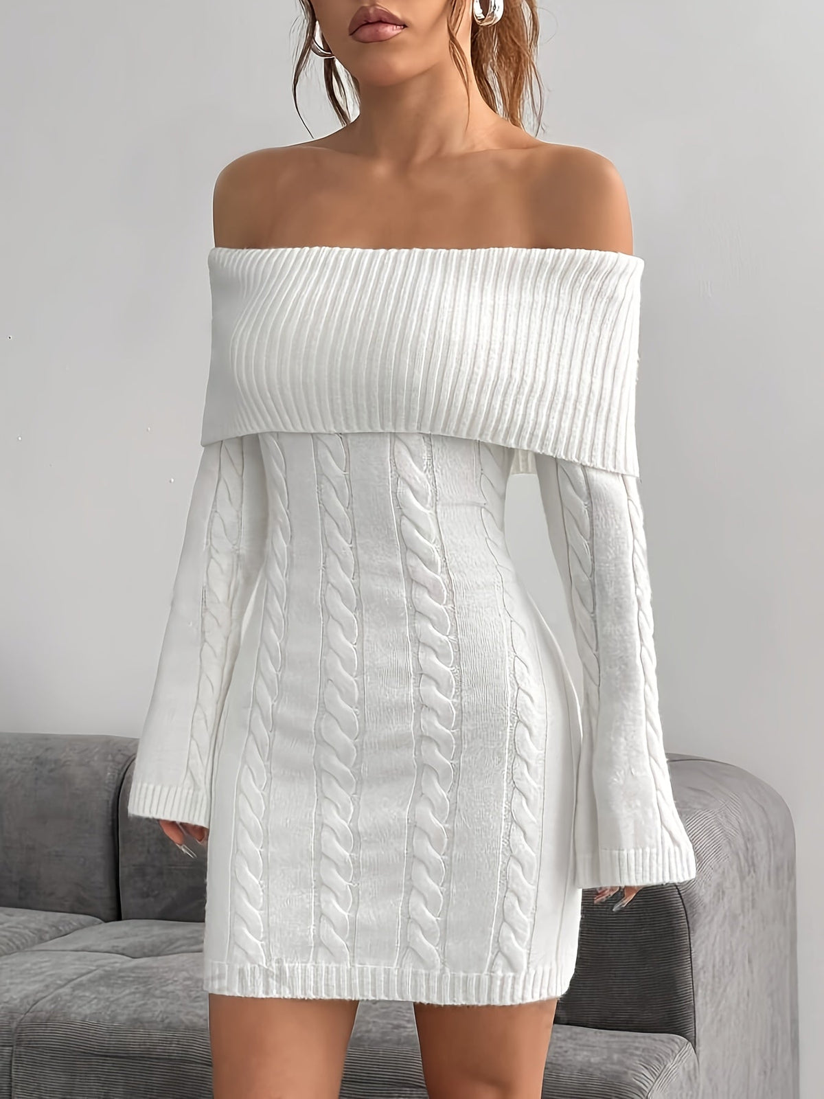 Gabrielle | Off-Shoulder Cable-Knit Dress