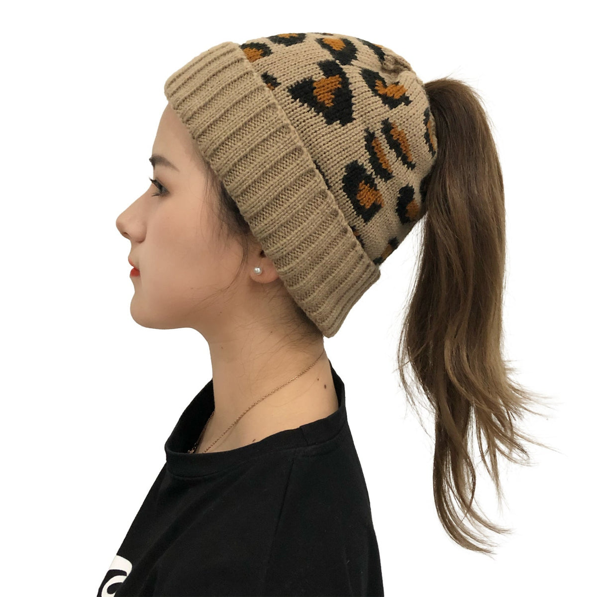 Chambers Damen-Beanie aus Jacquard-Wollstrick mit Leopardenmuster – mit Umschlag, 5 Farben