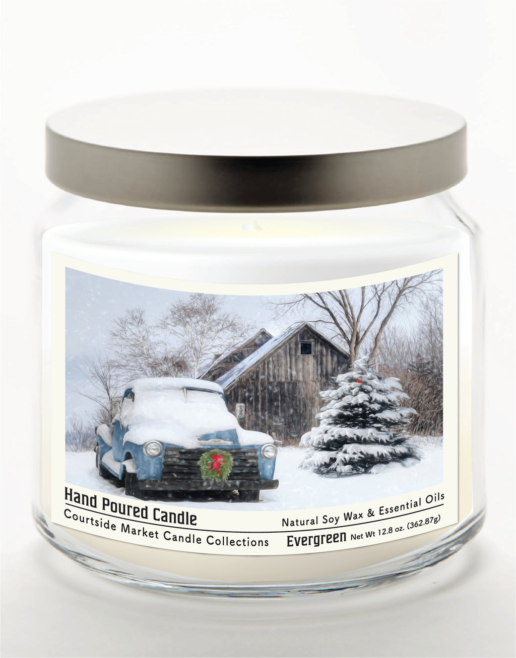 Christmas on the Farm 12.8 Oz Candle Glass Jar with Brushed Silver Metal Lid