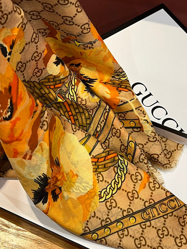 Gucci GG Monogram Floral Chain Print Scarf – Camel & Orange