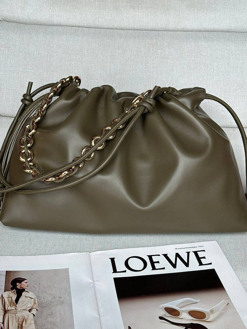Loewe Flamenco Clutch Large – Khaki Olive Nappa Leather Gold Chain Strap
