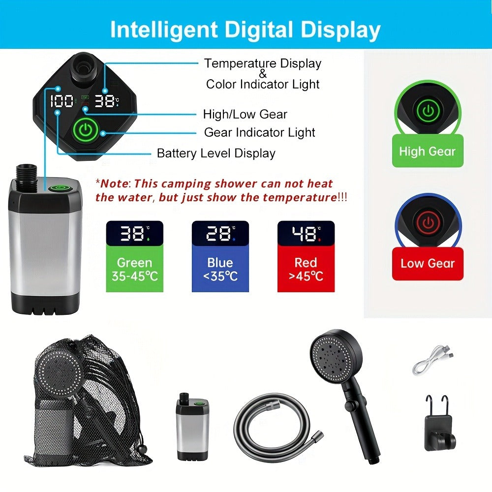 Portable Camping Shower - 6000mAh Battery, 120-Min Runtime, 6 Spray Modes, Smart Display, for Camping, Car Washing, Pet Cleaning, Hiking & Beach