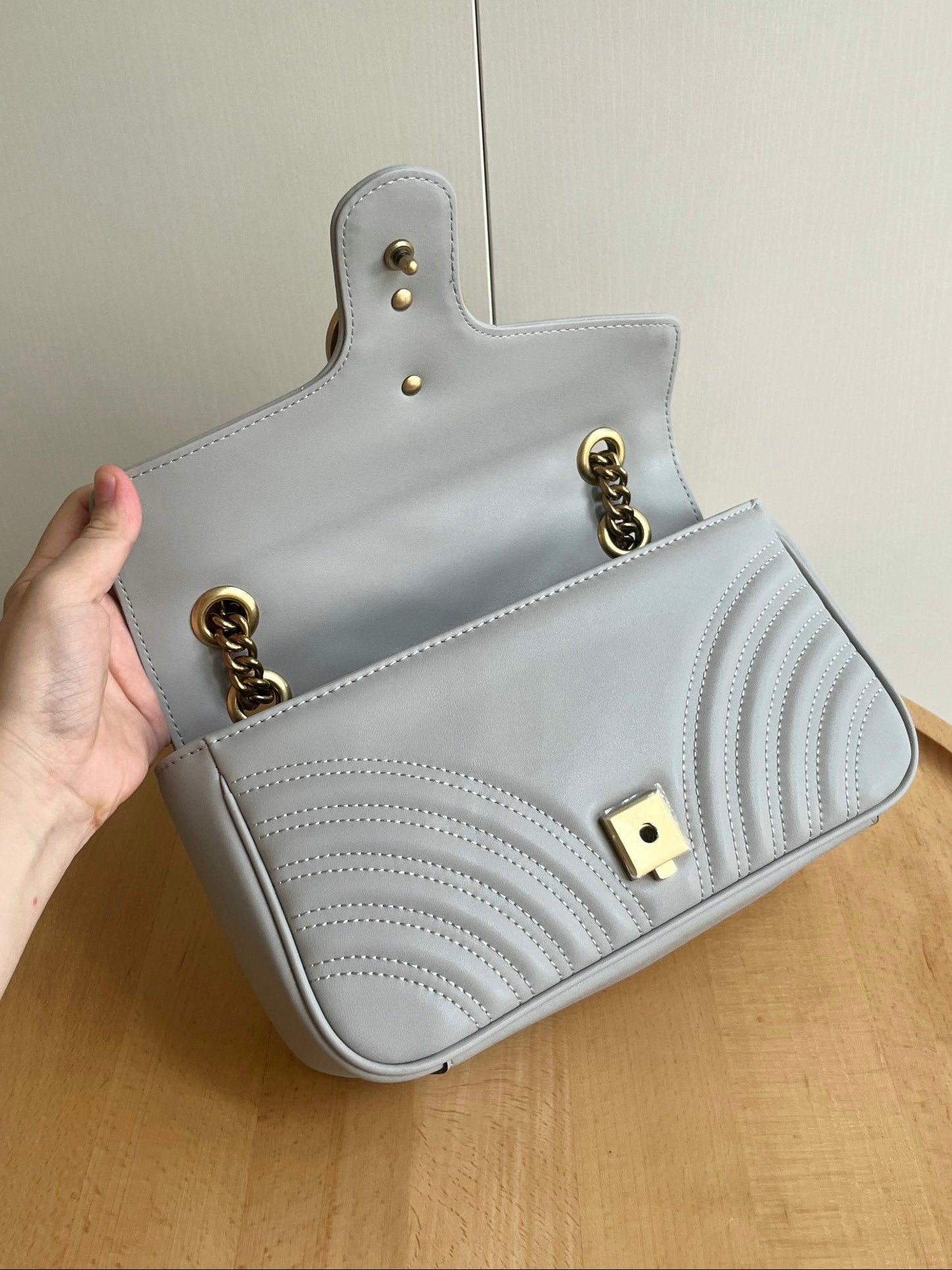 Grey Blue Quilted Leather Chain Shoulder Bag