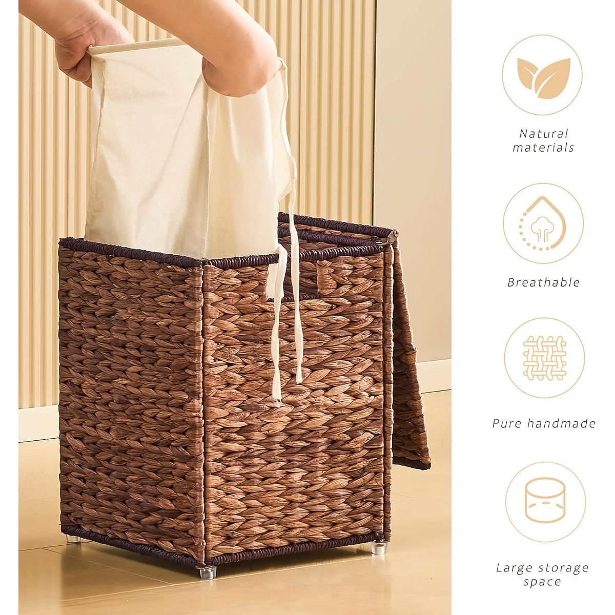 Laundry Basket with Lid & Handles - Handwoven Water Hyacinth Wicker Hamper, Removable Cotton Liner