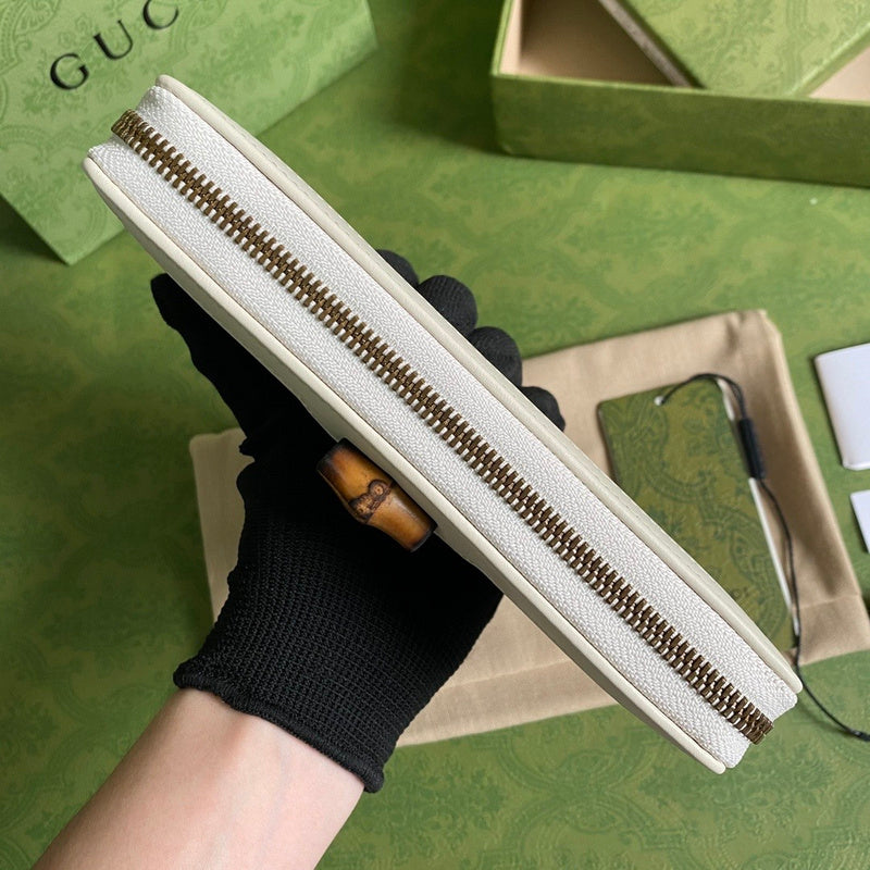 Gucci Diana Zip-Around Continental Wallet – White Leather Bamboo Double GG