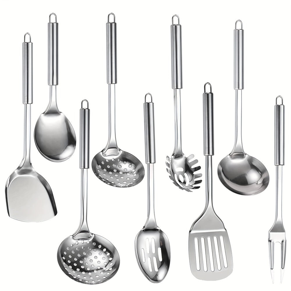 Kitchen Utensils with Hanging Loops, Nine-Piece 304 Stainless Steel Set of Mixed Cooking Tools