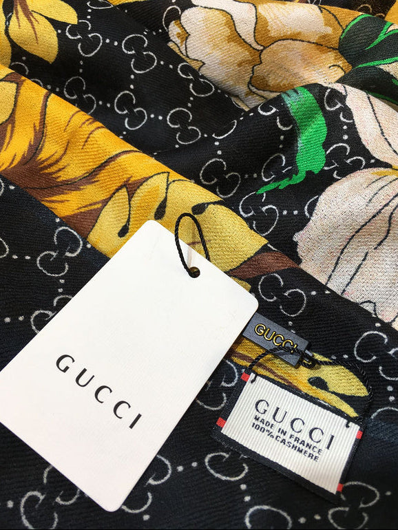 Gucci GG Monogram Baroque Floral 100% Cashmere Scarf – Black & Gold