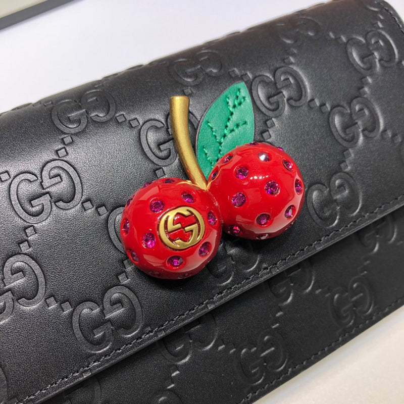 Gucci Signature GG Cherry Mini Chain Wallet Bag – Black Guccissima Leather