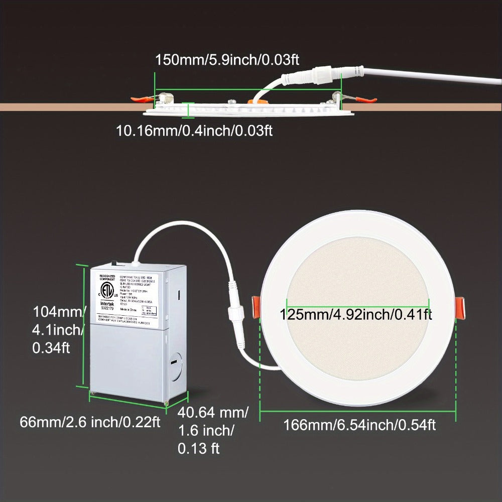 6 Inch LED Recessed Light 5CCT Selectable Dimmable - 12W 1050LM, 2700K-5000K, ETL Listed Slim Canless Downlight for Kitchen
