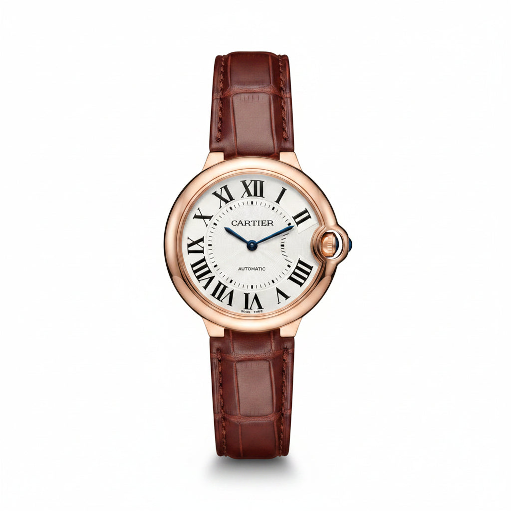Cartier Ballon Bleu – Rose Gold White Guilloché Dial Roman Numerals Blue Sword Hands Burgundy Crocodile Strap Automatic