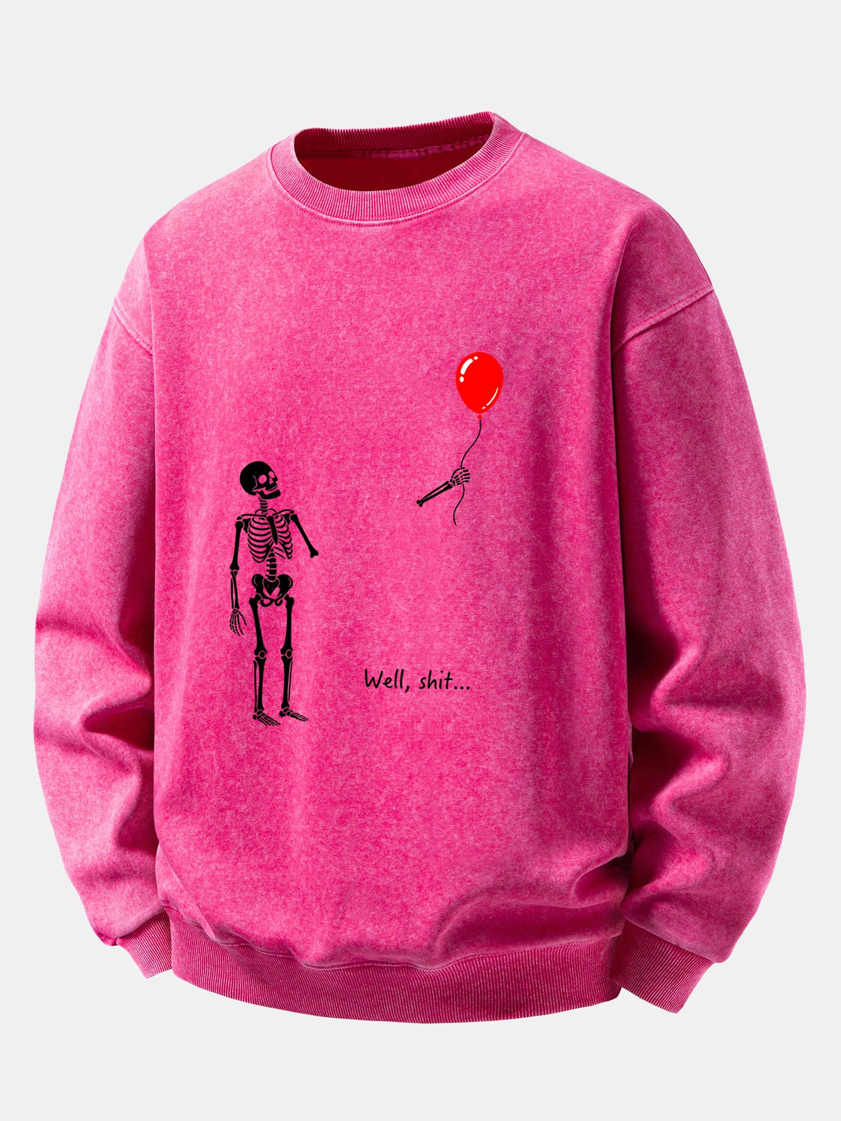 Relaxed Fit Funny Skeleton Balloon Print Washed Distressed Sweatshirt