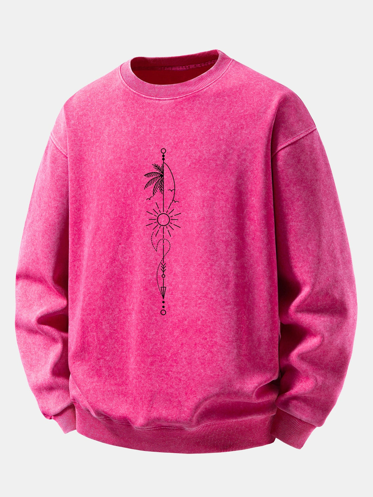 Relaxed Fit Sun Palm Tree Arrow Print Washed Distressed Sweatshirt