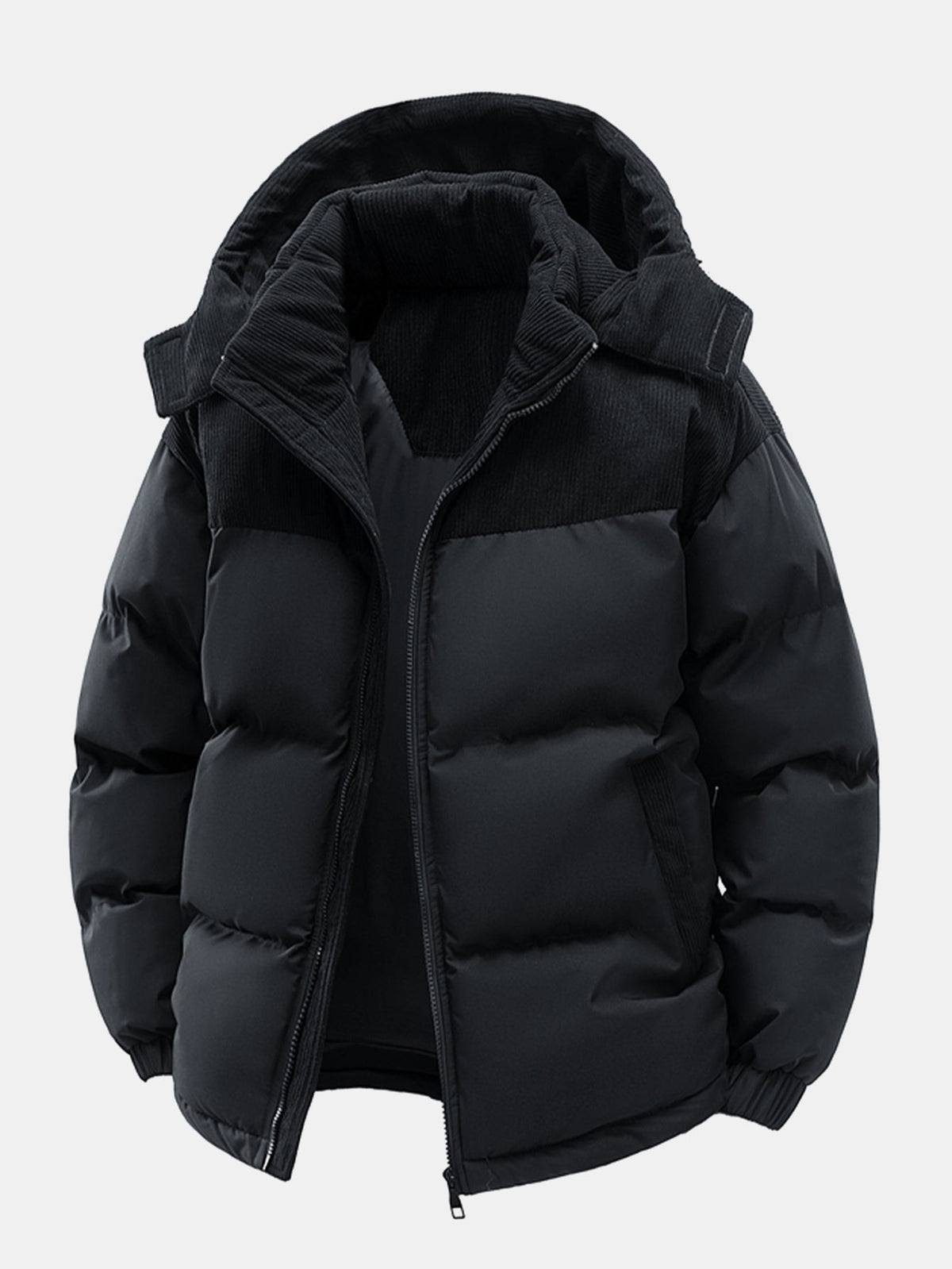 Corduroy Patchwork Hooded Puffer Jacket